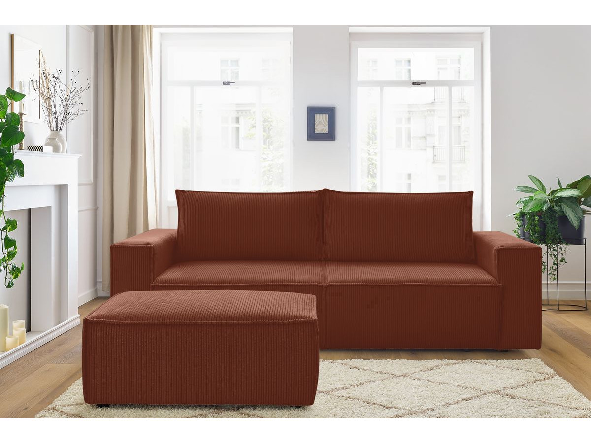 Canapé droit convertible coffre NIHAD velours côtelé avec pouf orange — vue 5