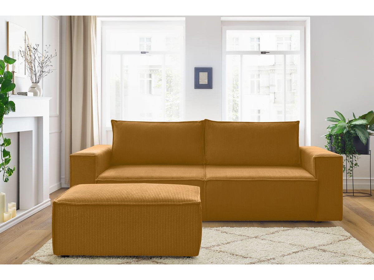 Canapé droit convertible coffre NIHAD velours côtelé avec pouf jaune — vue 5