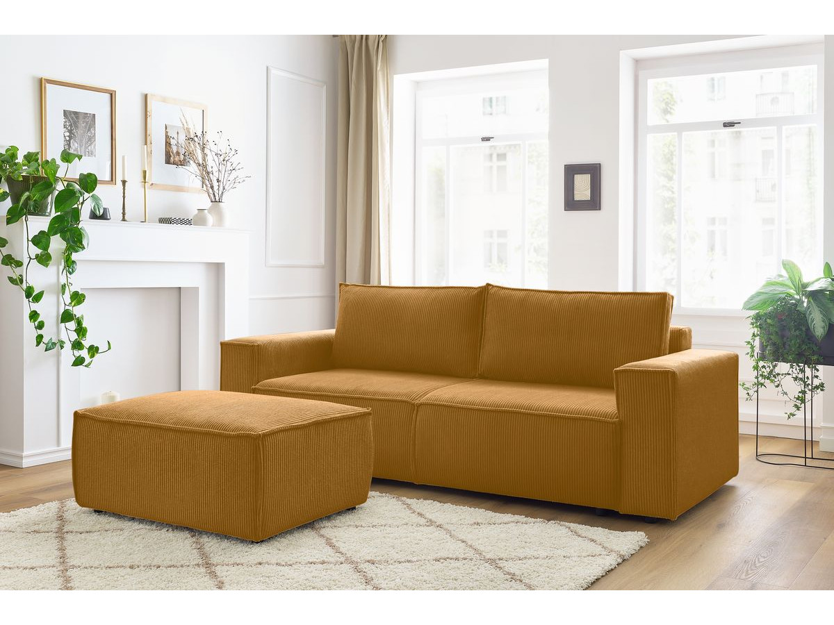 Canapé droit convertible coffre NIHAD velours côtelé avec pouf