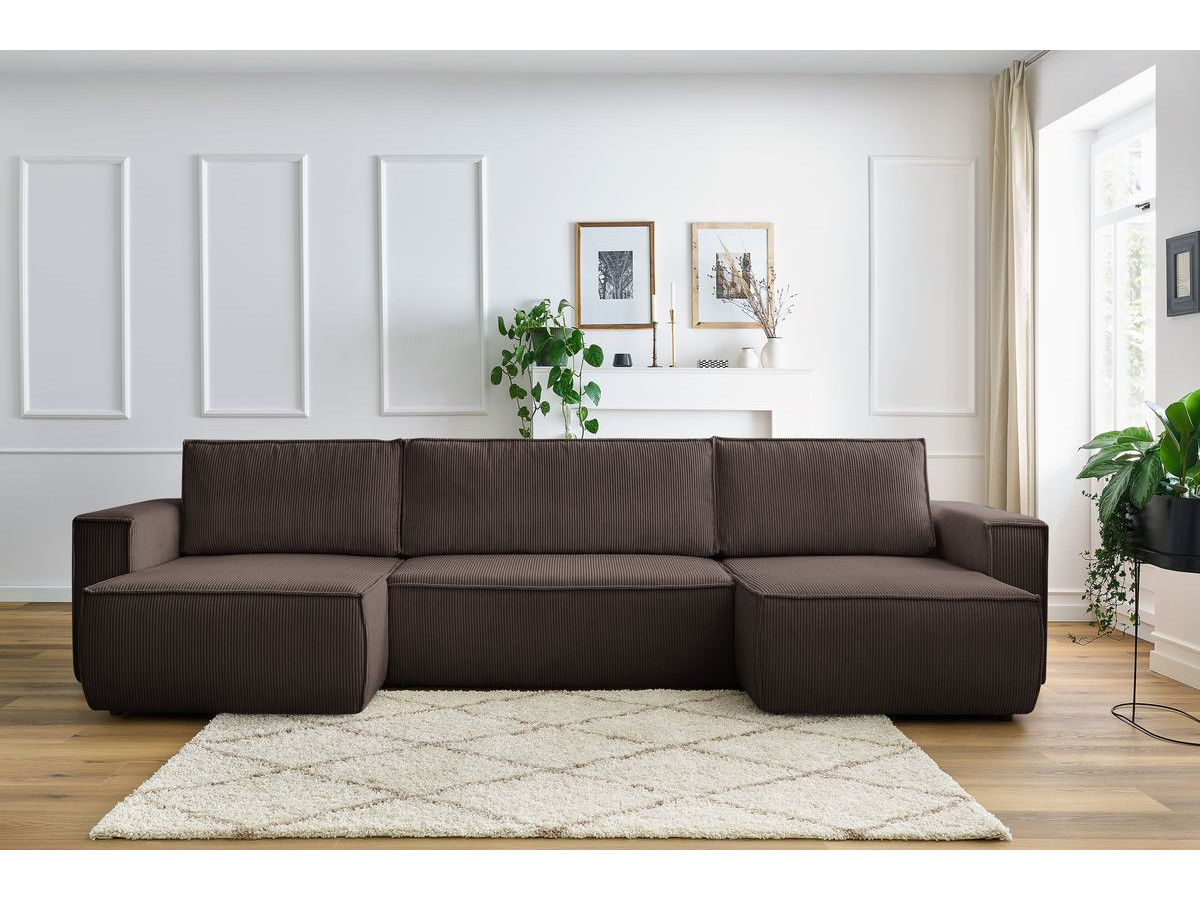 Canapé panoramique convertible coffre NIHAD velours côtelé marron panoramique BOBOCHIC 6 places - Vue supplémentaire 3