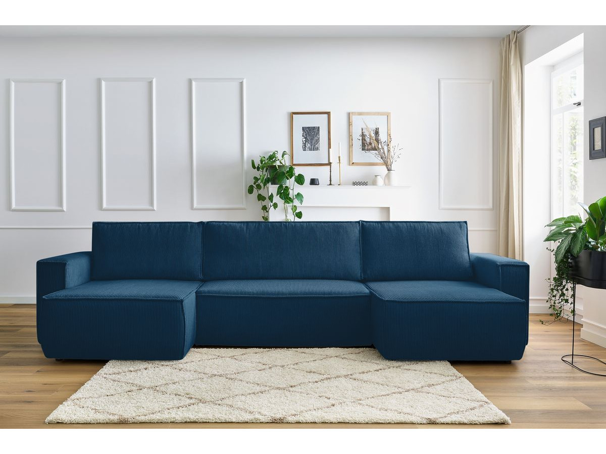 Canapé panoramique convertible coffre NIHAD velours côtelé bleu foncé panoramique BOBOCHIC 6 places - Vue supplémentaire 3