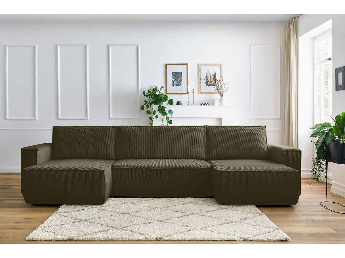 Canapé panoramique convertible coffre NIHAD velours côtelé vert clair panoramique BOBOCHIC 6 places - Vue supplémentaire 3