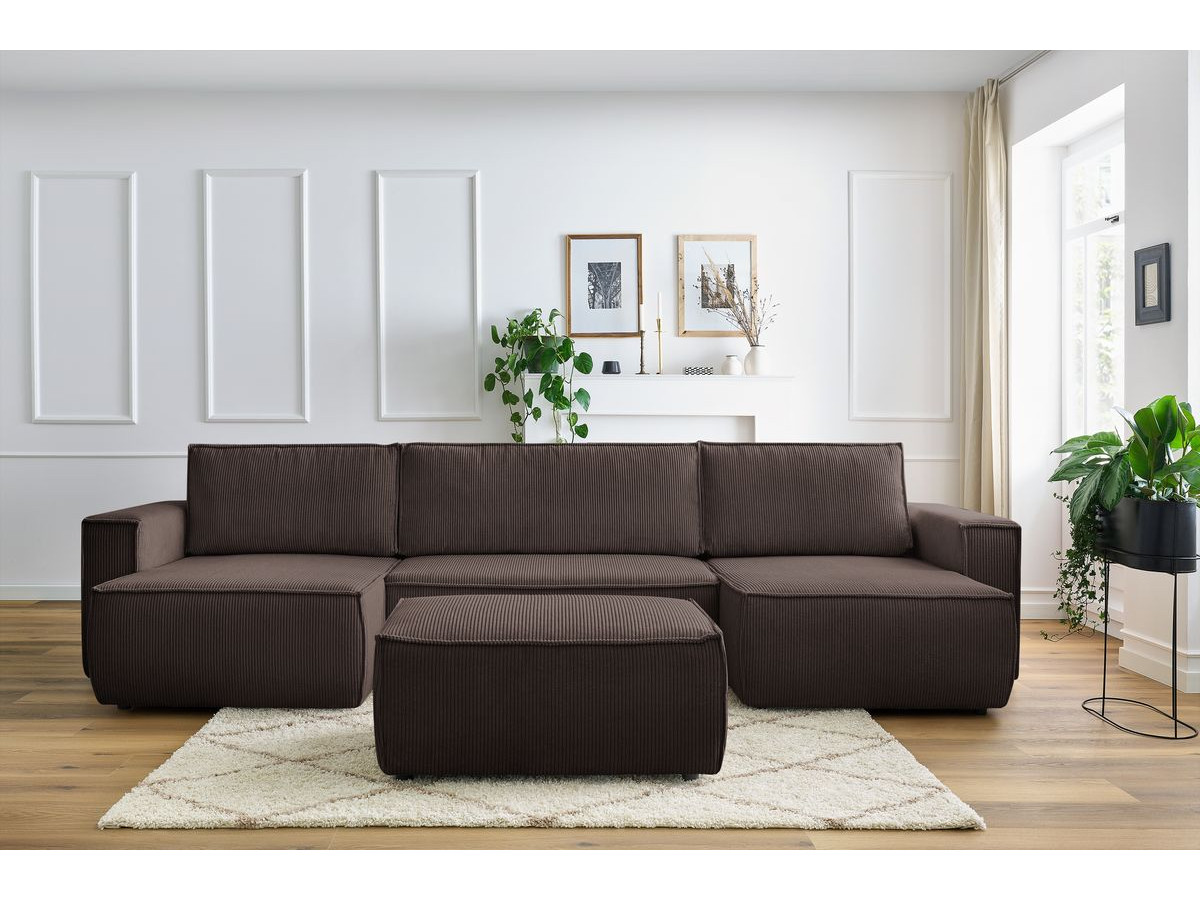 Canapé panoramique convertible coffre NIHAD velours côtelé avec pouf marron panoramique BOBOCHIC 7 places - Vue supplémentaire 3