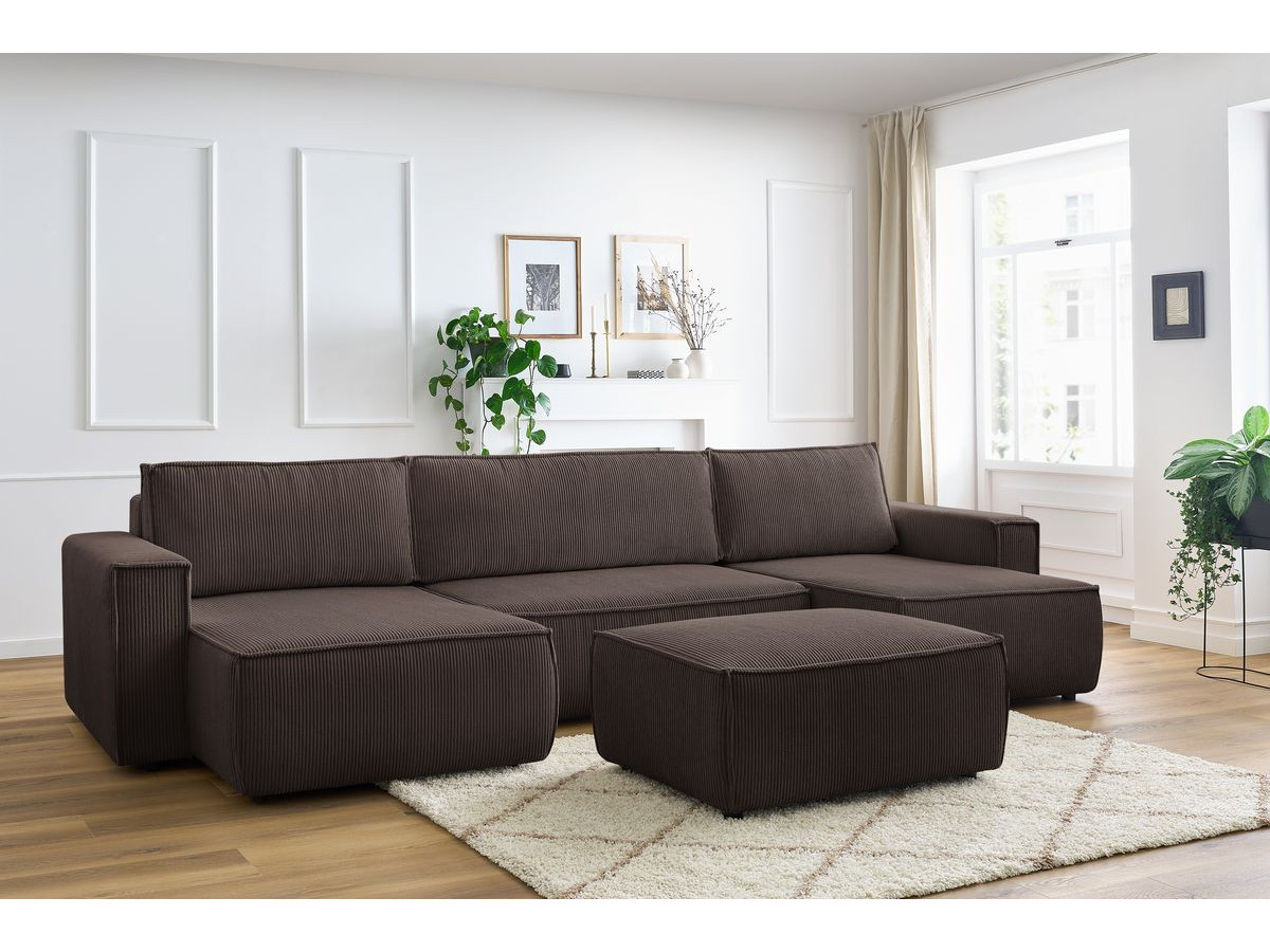 Canapé panoramique convertible coffre NIHAD velours côtelé avec pouf