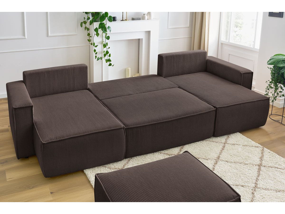 Canapé panoramique convertible coffre NIHAD velours côtelé avec pouf