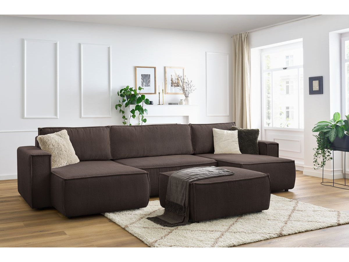 Canapé panoramique convertible coffre NIHAD velours côtelé avec pouf