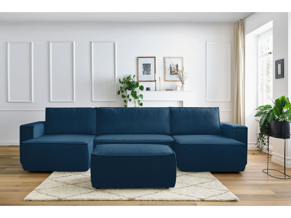 Canapé panoramique convertible coffre NIHAD velours côtelé avec pouf bleu foncé panoramique BOBOCHIC 7 places - Vue supplémentaire 3
