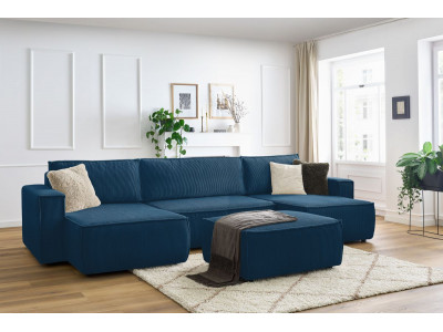 Canapé panoramique convertible coffre NIHAD velours côtelé avec pouf