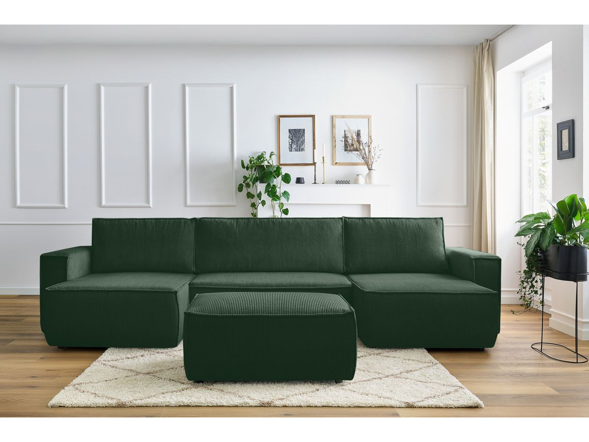 Canapé panoramique convertible coffre NIHAD velours côtelé avec pouf vert foncé panoramique BOBOCHIC 7 places - Vue supplémentaire 3