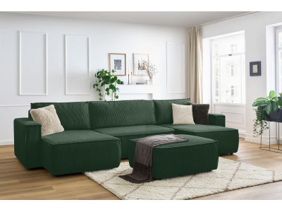 Canapé panoramique convertible coffre NIHAD velours côtelé avec pouf