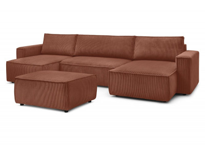 Canapé panoramique convertible coffre NIHAD velours côtelé avec pouf