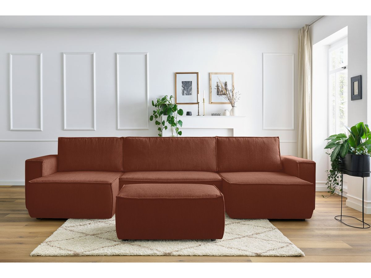 Canapé panoramique convertible coffre NIHAD velours côtelé avec pouf orange panoramique BOBOCHIC 7 places - Vue supplémentaire 3