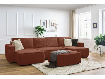 Canapé panoramique convertible coffre NIHAD velours côtelé avec pouf
