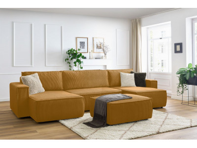 Canapé panoramique convertible coffre NIHAD velours côtelé avec pouf