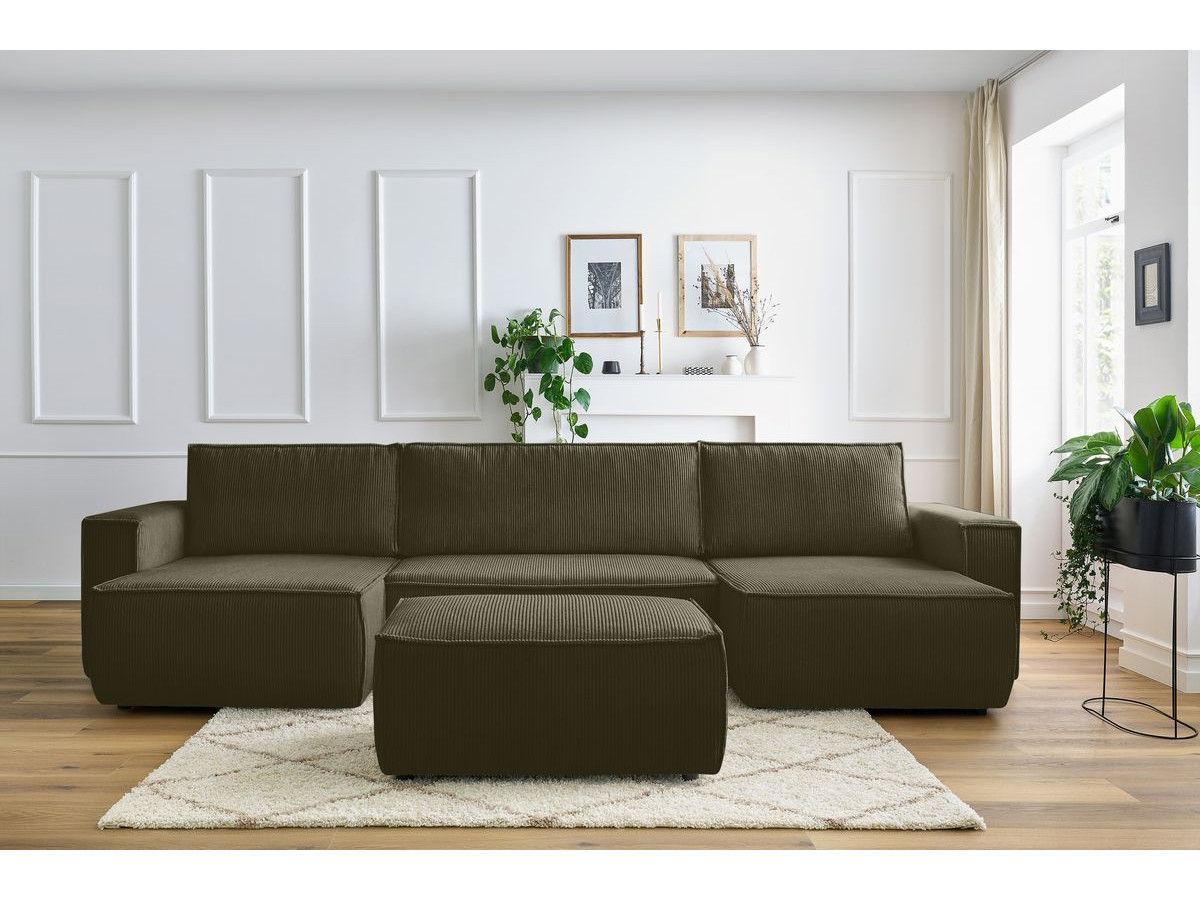 Canapé panoramique convertible coffre NIHAD velours côtelé avec pouf vert clair panoramique BOBOCHIC 7 places - Vue supplémentaire 3