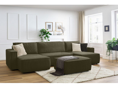 Canapé panoramique convertible coffre NIHAD velours côtelé avec pouf