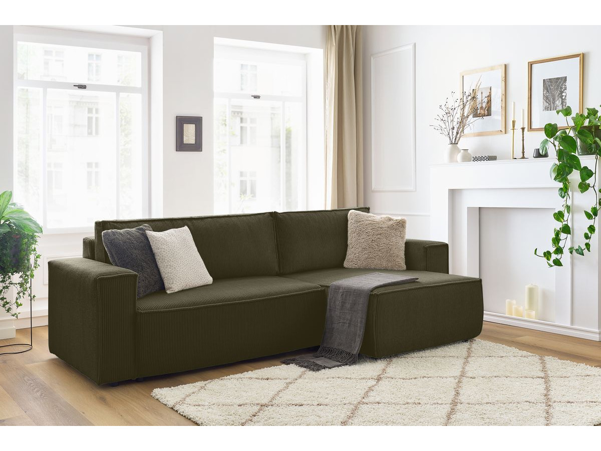 Canapé d'angle réversible convertible coffre NIHAD velours côtelé vert clair — vue 5