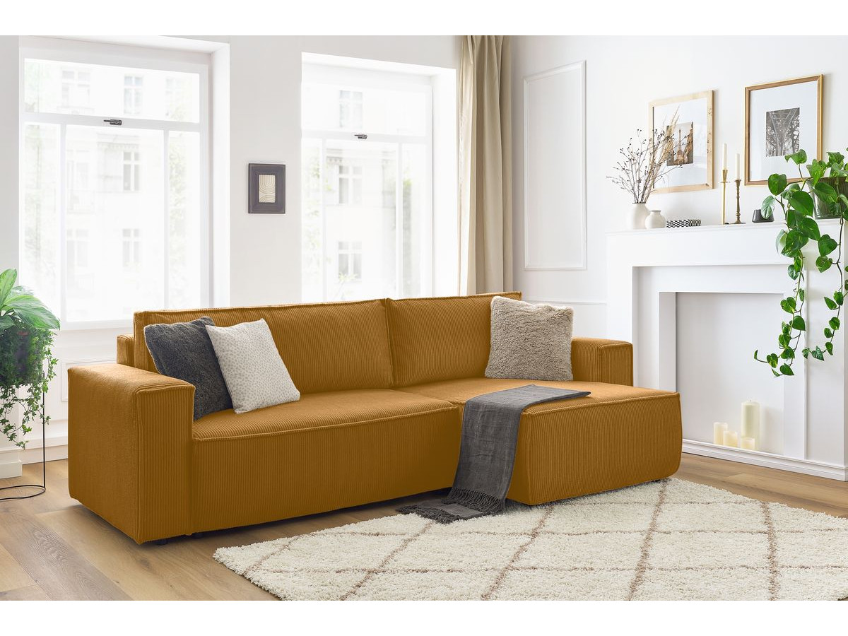 Canapé d'angle réversible convertible coffre NIHAD velours côtelé jaune — vue 5