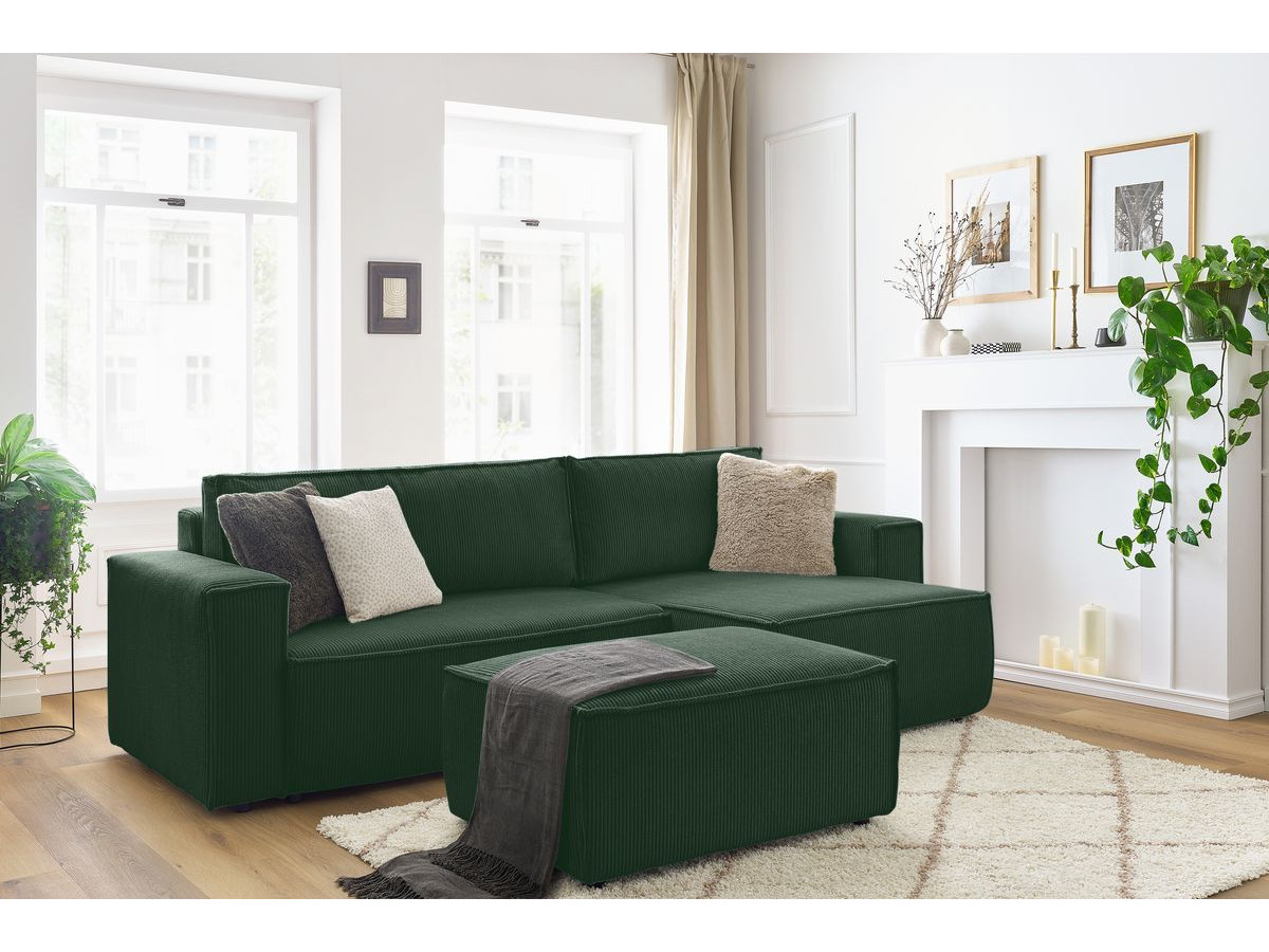 Canapé d'angle réversible convertible coffre NIHAD velours côtelé avec pouf vert foncé BOBOCHIC 5 places - Vue supplémentaire 3