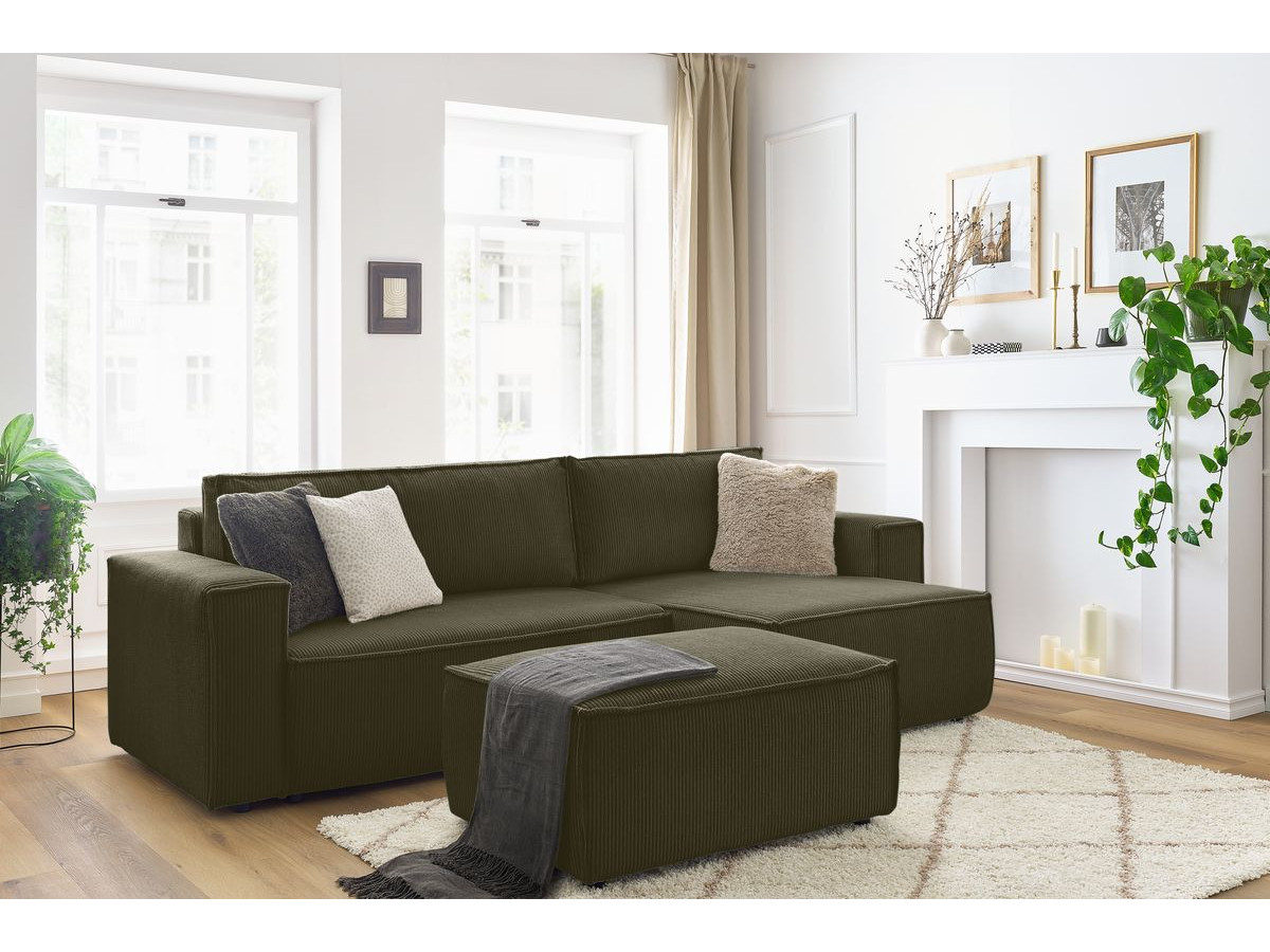 Canapé d'angle réversible convertible coffre NIHAD velours côtelé avec pouf vert clair BOBOCHIC 5 places - Vue supplémentaire 3