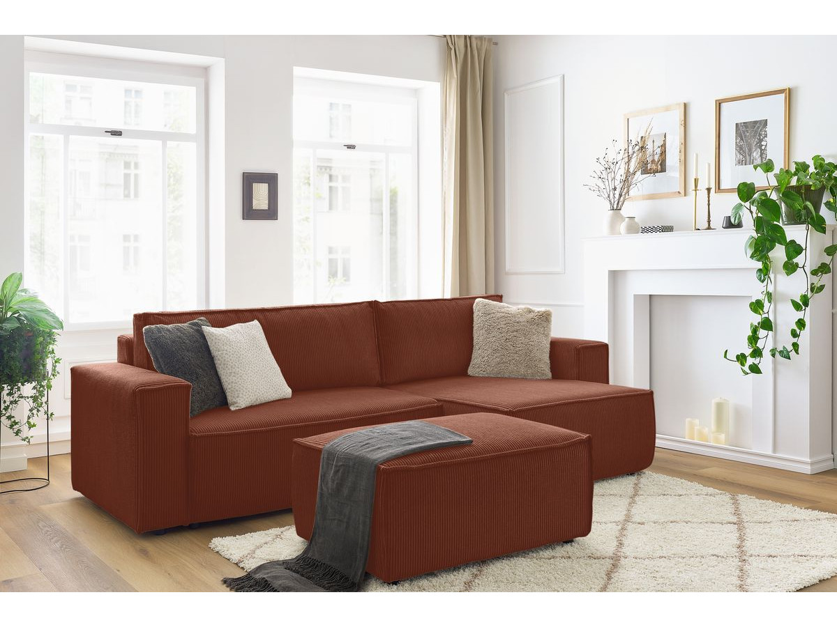 Canapé d'angle réversible convertible coffre NIHAD velours côtelé avec pouf orange BOBOCHIC 5 places - Vue supplémentaire 3