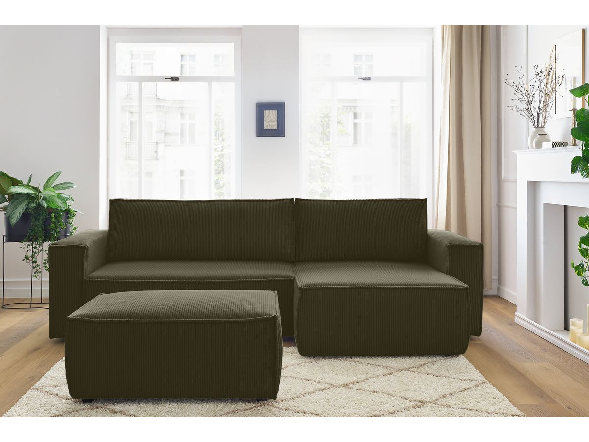 Canapé d'angle réversible convertible coffre NIHAD velours côtelé avec pouf