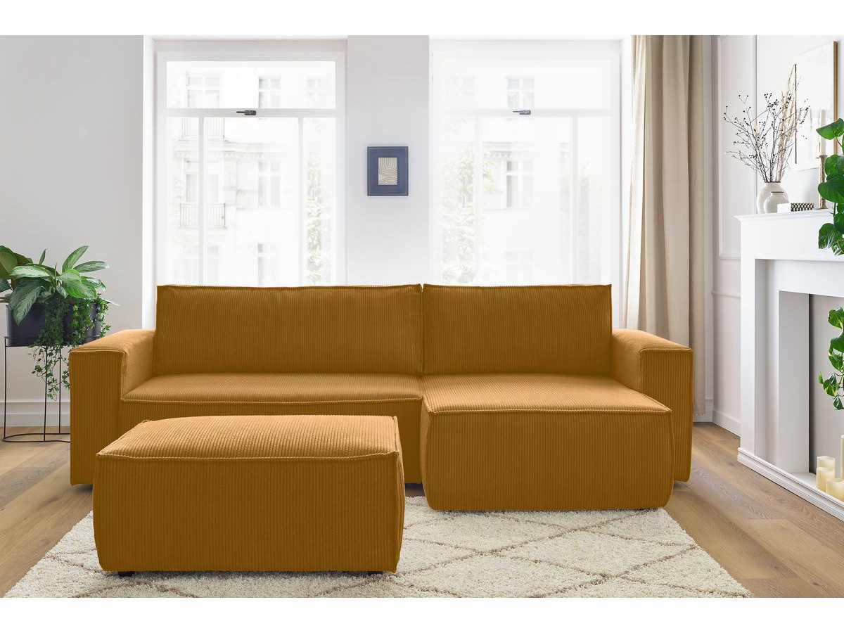 Canapé d'angle réversible convertible coffre NIHAD velours côtelé avec pouf