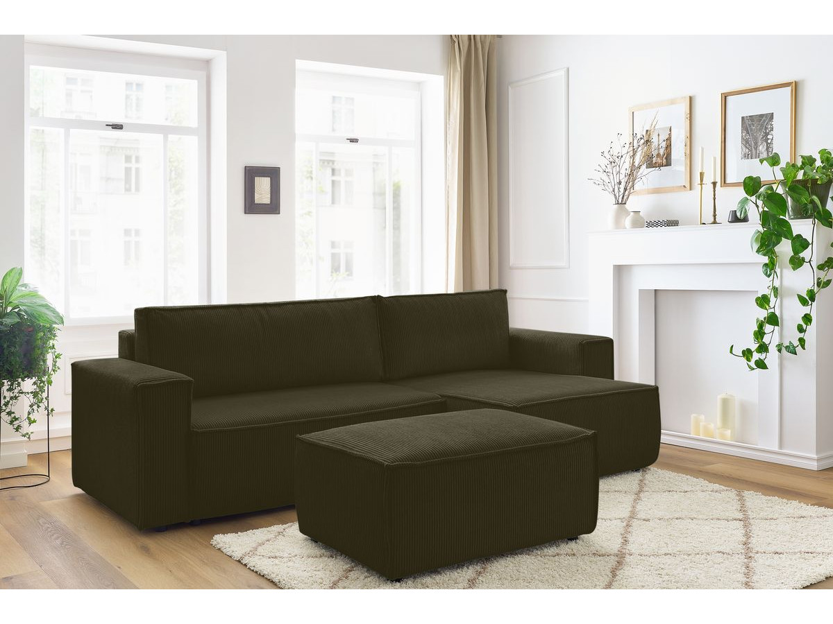 Canapé d'angle réversible convertible coffre NIHAD velours côtelé avec pouf
