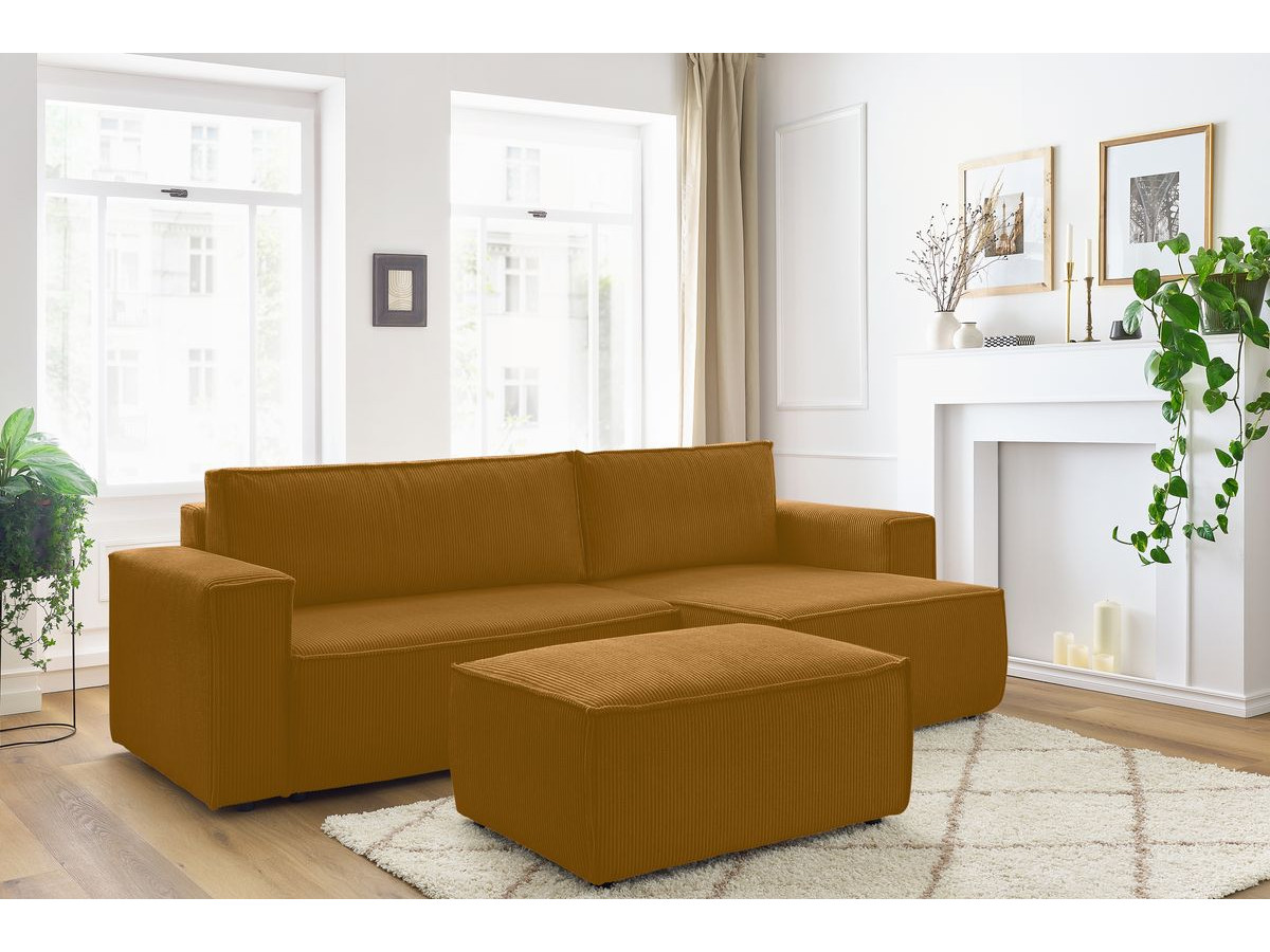Canapé d'angle réversible convertible coffre NIHAD velours côtelé avec pouf