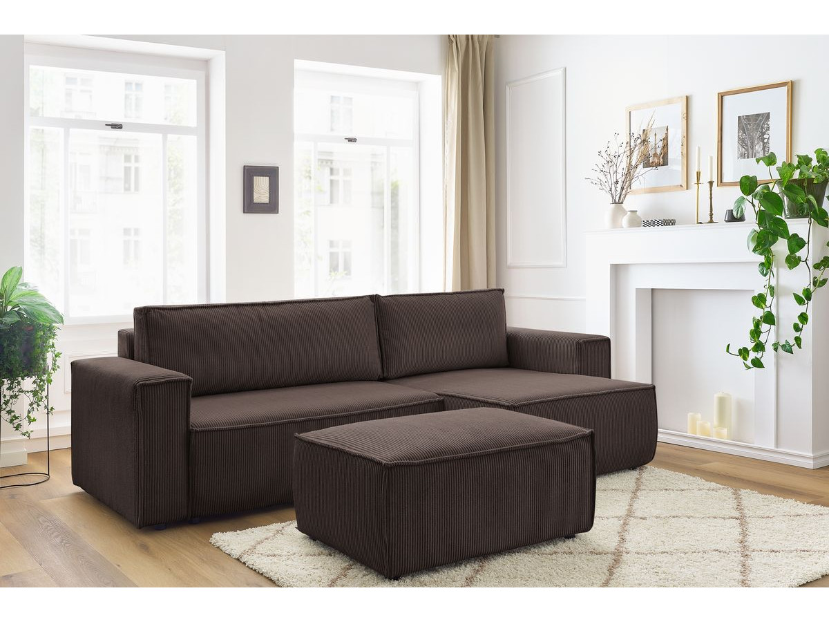 Canapé d'angle réversible convertible coffre NIHAD velours côtelé avec pouf
