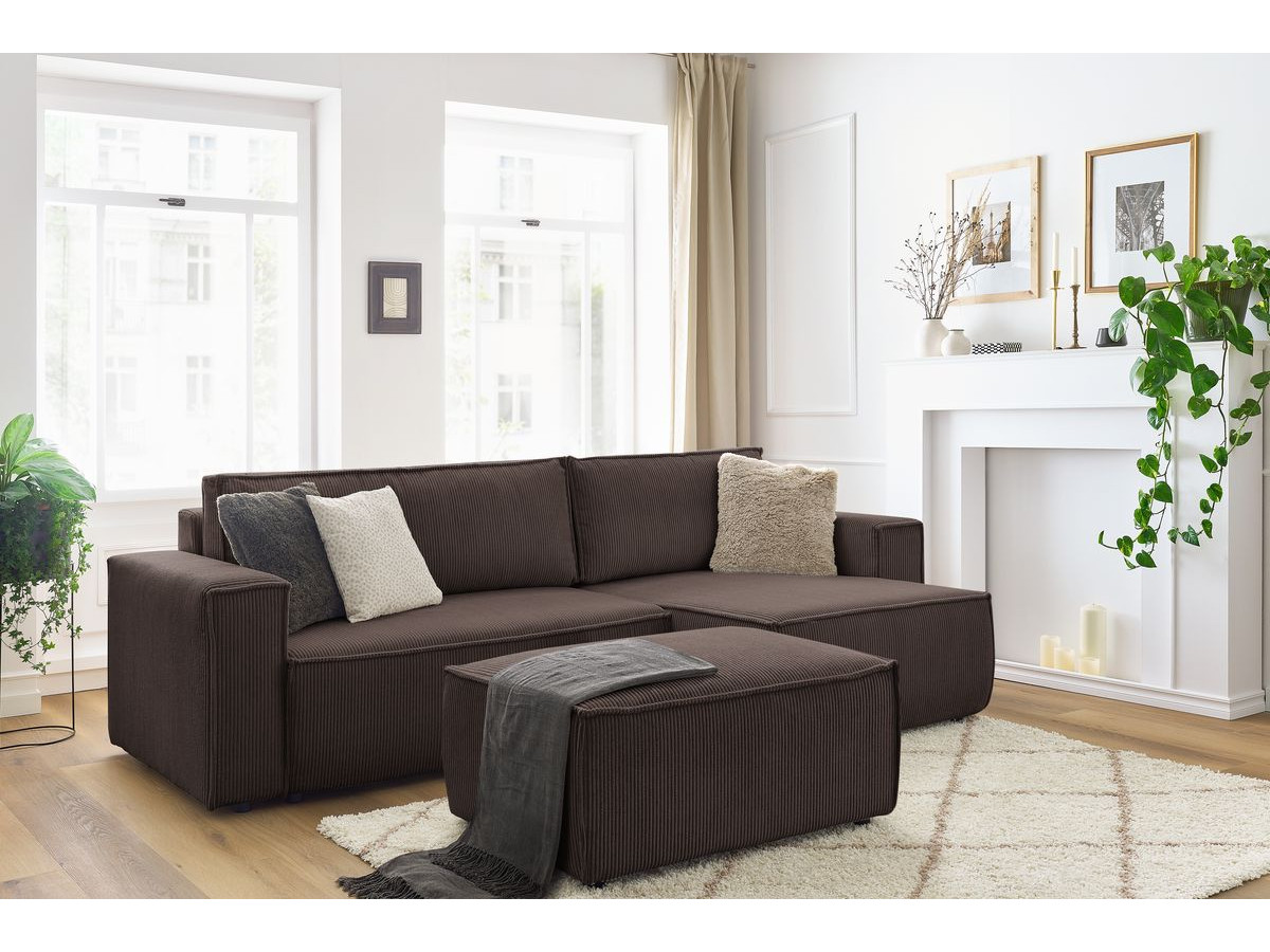 Canapé d'angle réversible convertible coffre NIHAD velours côtelé avec pouf