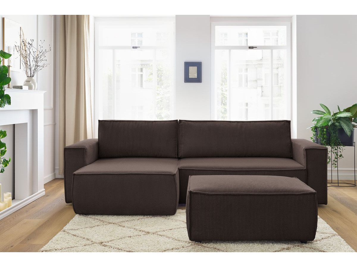Canapé d'angle réversible convertible coffre NIHAD velours côtelé avec pouf