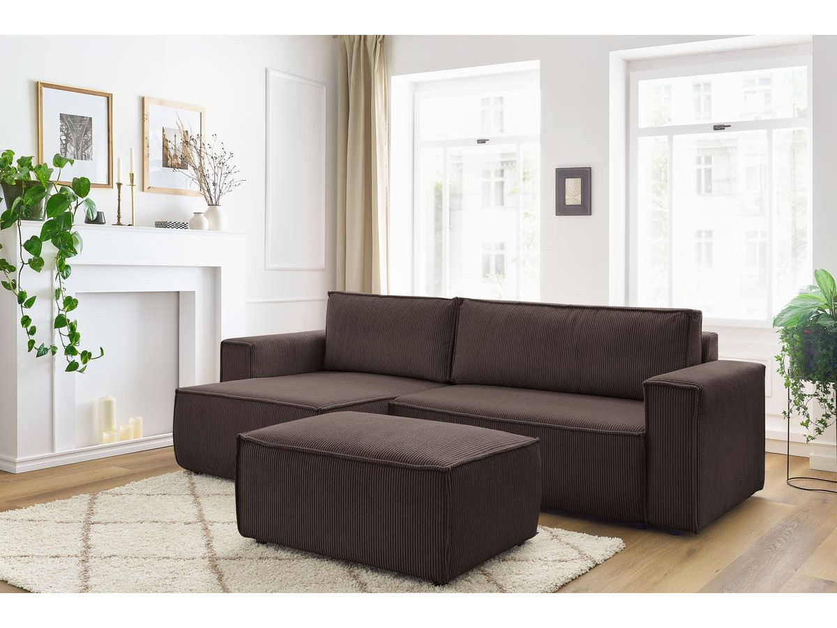 Canapé d'angle réversible convertible coffre NIHAD velours côtelé avec pouf