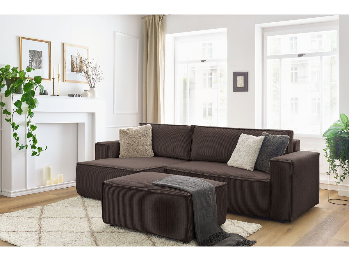Canapé d'angle réversible convertible coffre NIHAD velours côtelé avec pouf marron BOBOCHIC 5 places - Vue supplémentaire 3