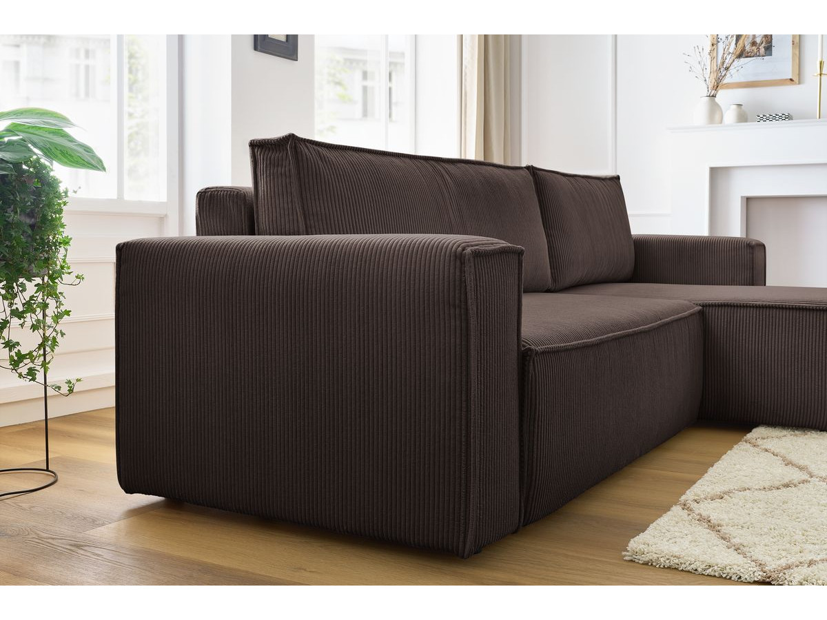 Canapé d'angle réversible convertible coffre NIHAD velours côtelé avec pouf