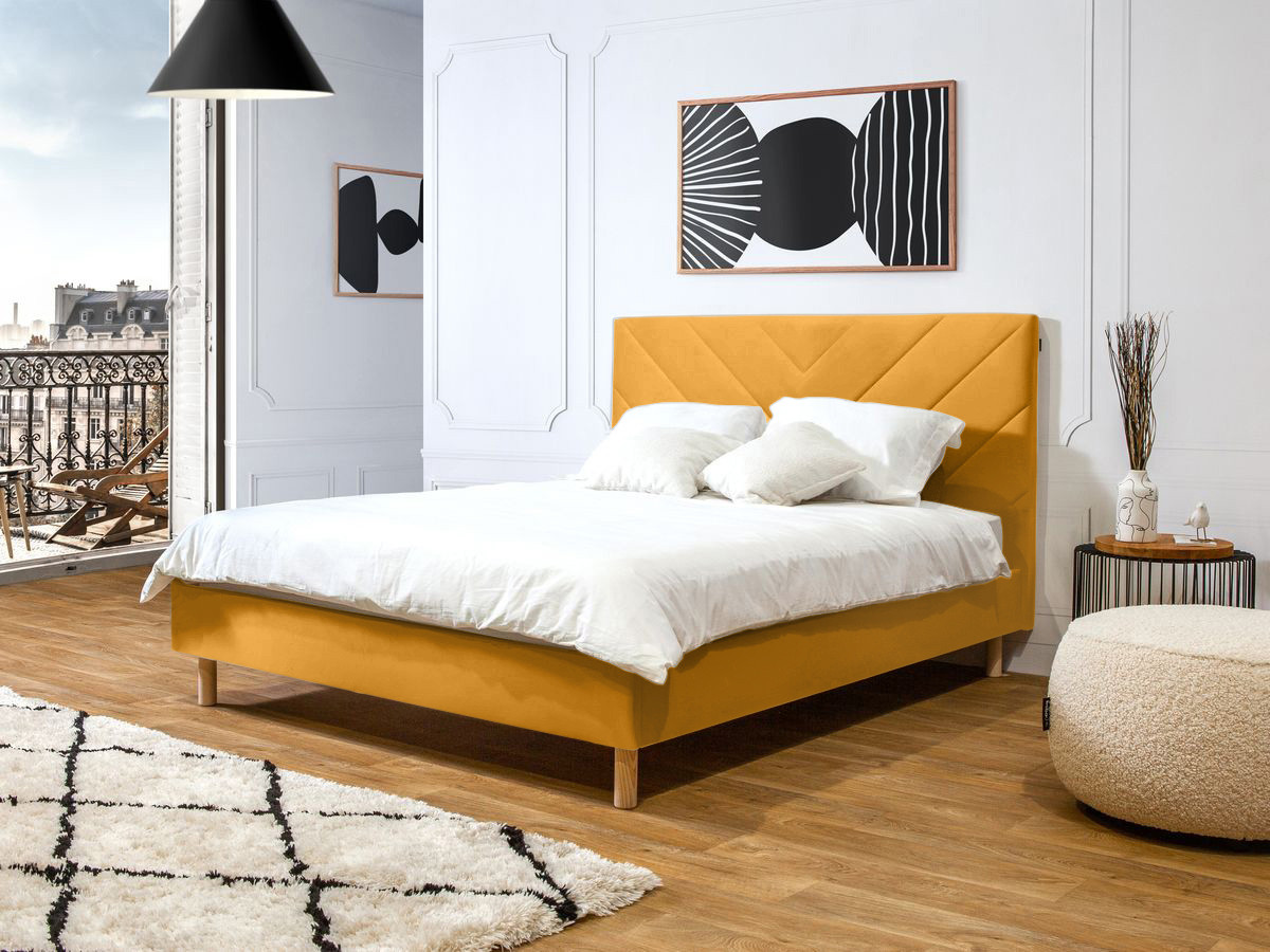 Lit ROMANE avec lattes massives velours jaune — vue 4
