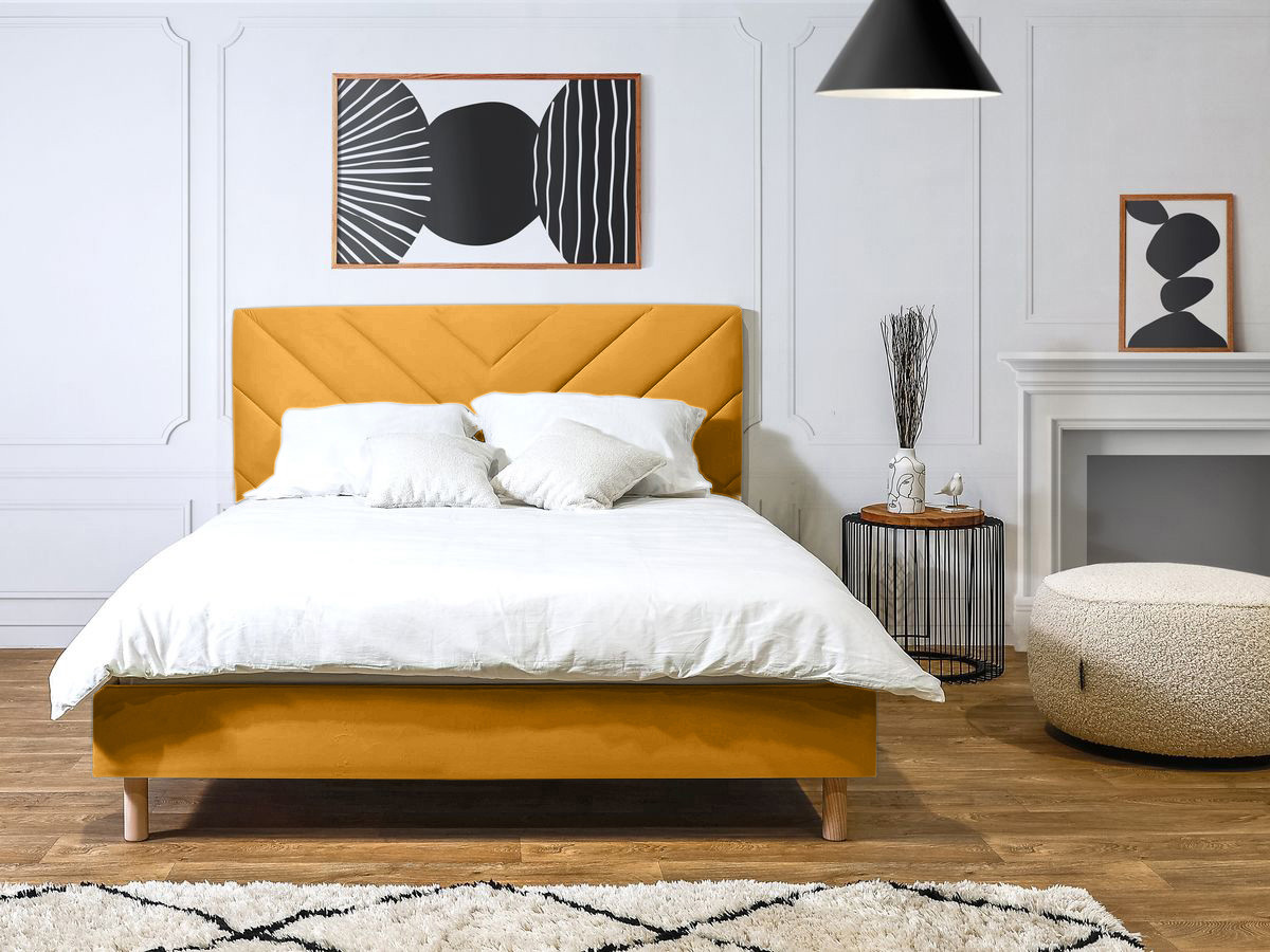 Lit ROMANE avec lattes massives velours jaune — vue 5