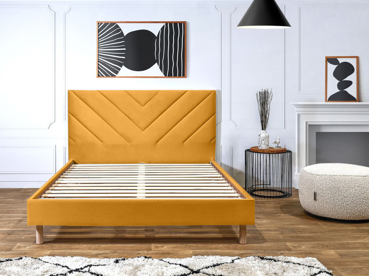 Lit ROMANE avec lattes massives velours jaune — vue 6