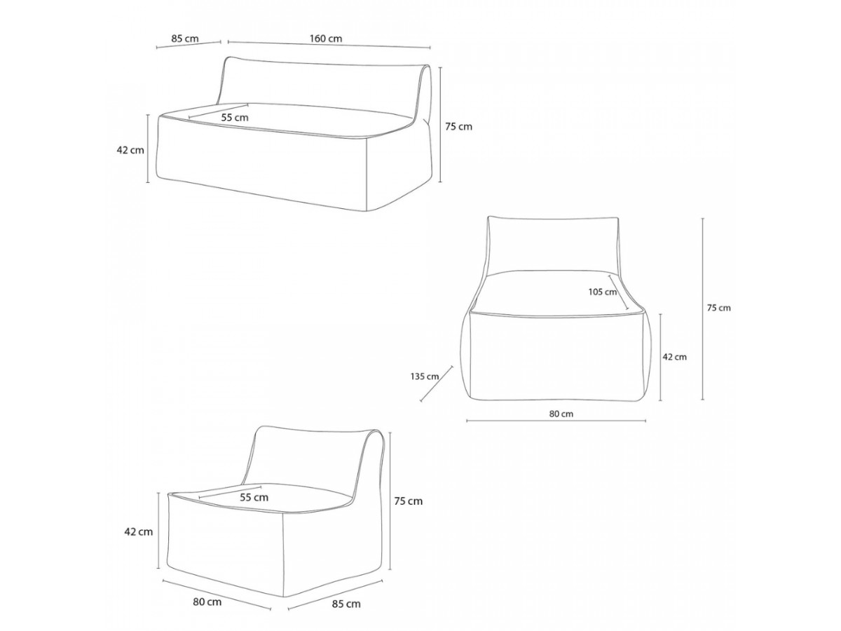 Modulaire tuinbank RIVIERA met 1 eenpersoonsbank, 1 tweepersoonsbank en 1 chaise longue