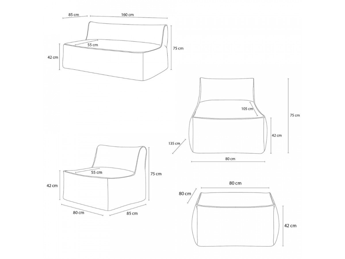 Canapé de jardin modulable RIVIERA avec 1 chauffeuse 1 place, 1 chauffeuse 2 places, 1 méridienne et 1 pouf