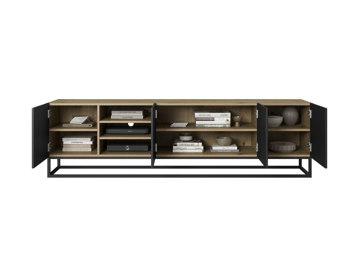 Ensemble ALICE avec Meuble TV avec niche 200 cm + Buffet 4 portes 200 cm pieds métal chêne et noir — vue 5