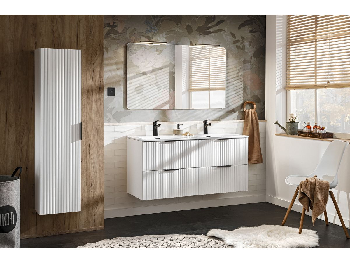 Meuble de salle de bain 120 cm HILONA avec vasques incrustées et colonne chêne