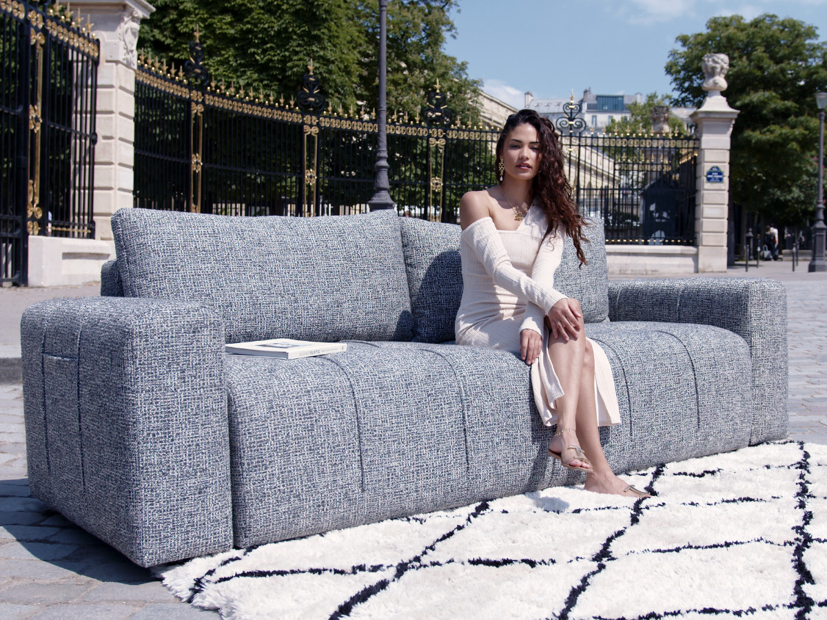 Canapé droit convertible coffre ARSENE avec pouf