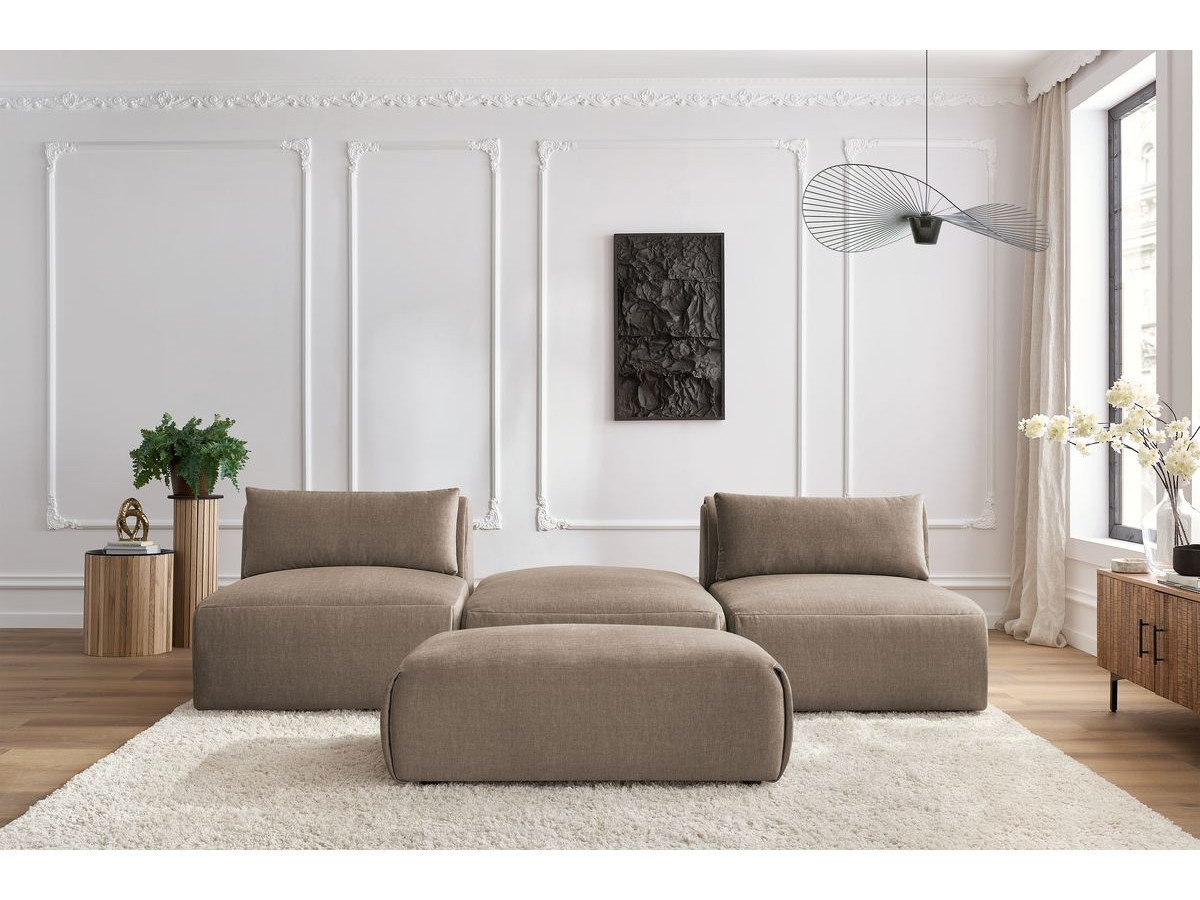 Canapé droit fixe 3 places JEANNE avec pouf tissu velours