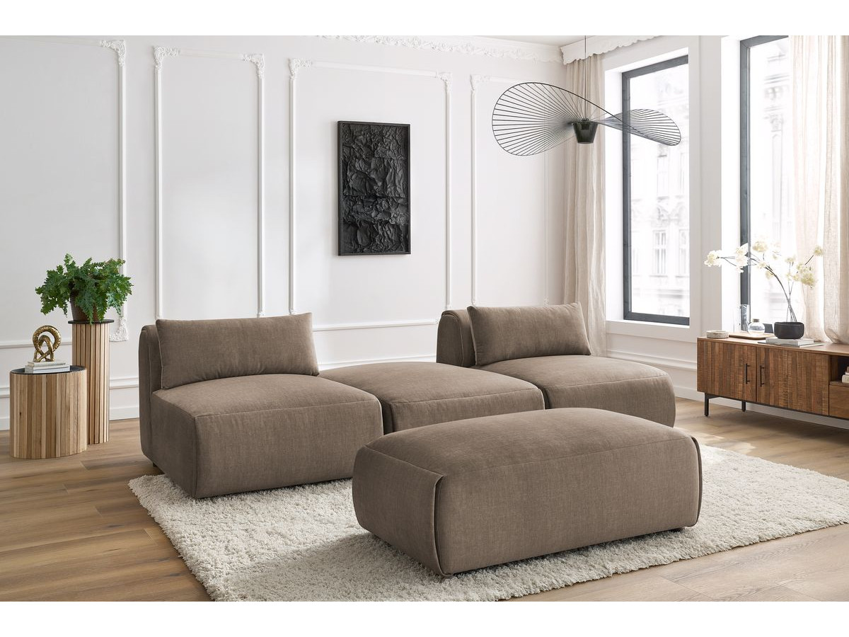 Canapé droit fixe 3 places JEANNE avec pouf tissu velours