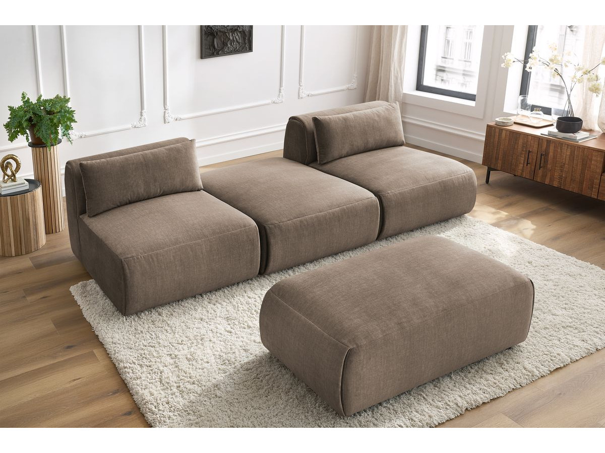 Canapé droit fixe 3 places JEANNE avec pouf tissu velours