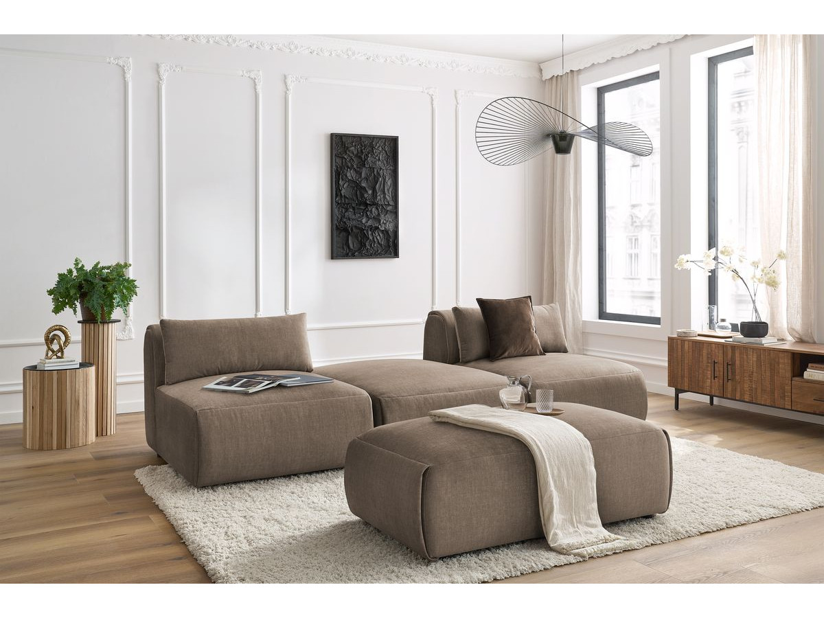 Canapé droit fixe 3 places JEANNE avec pouf tissu velours