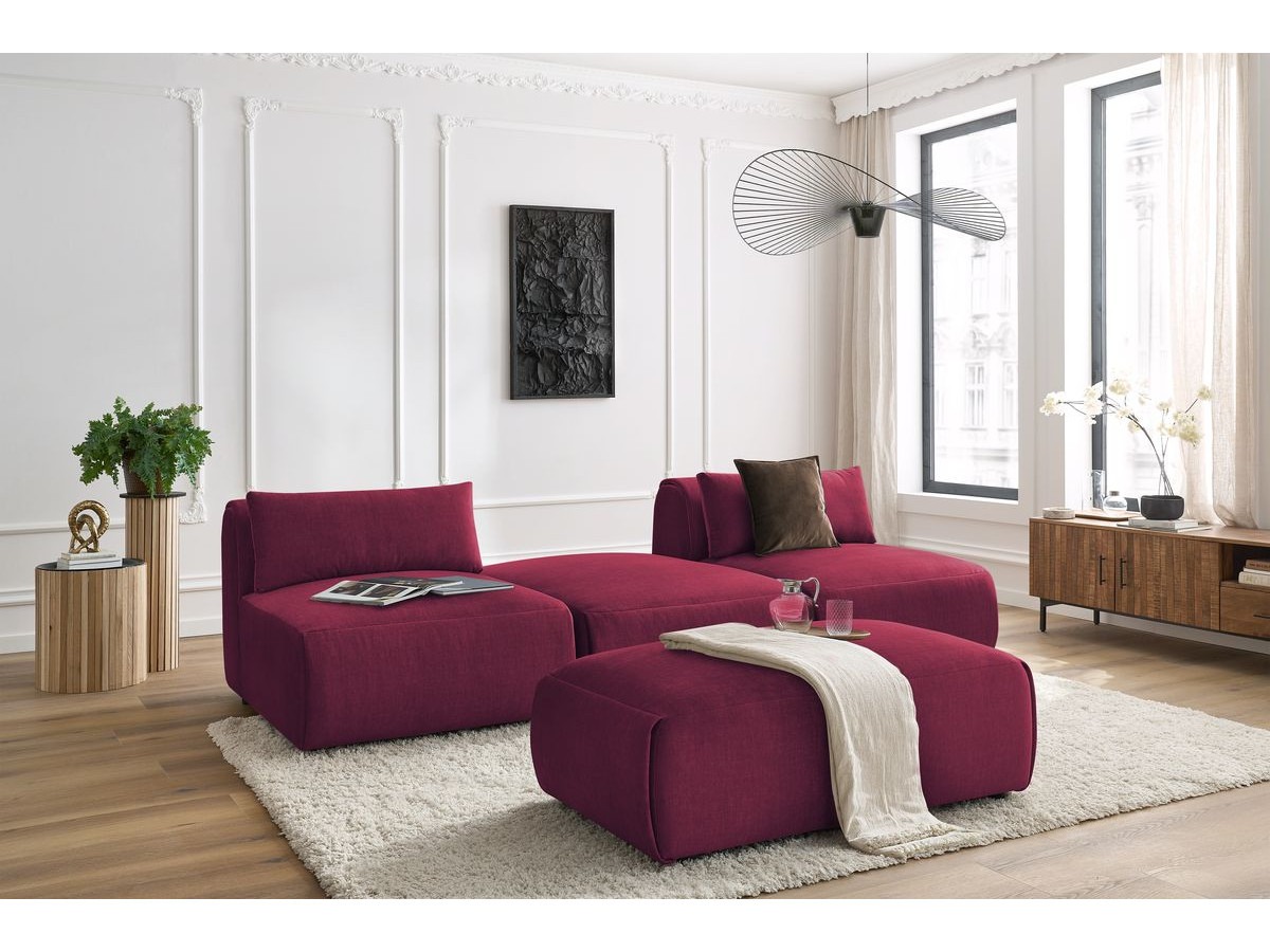 Canapé droit fixe 3 places JEANNE avec pouf tissu velours rouge   BOBOCHIC 4 places