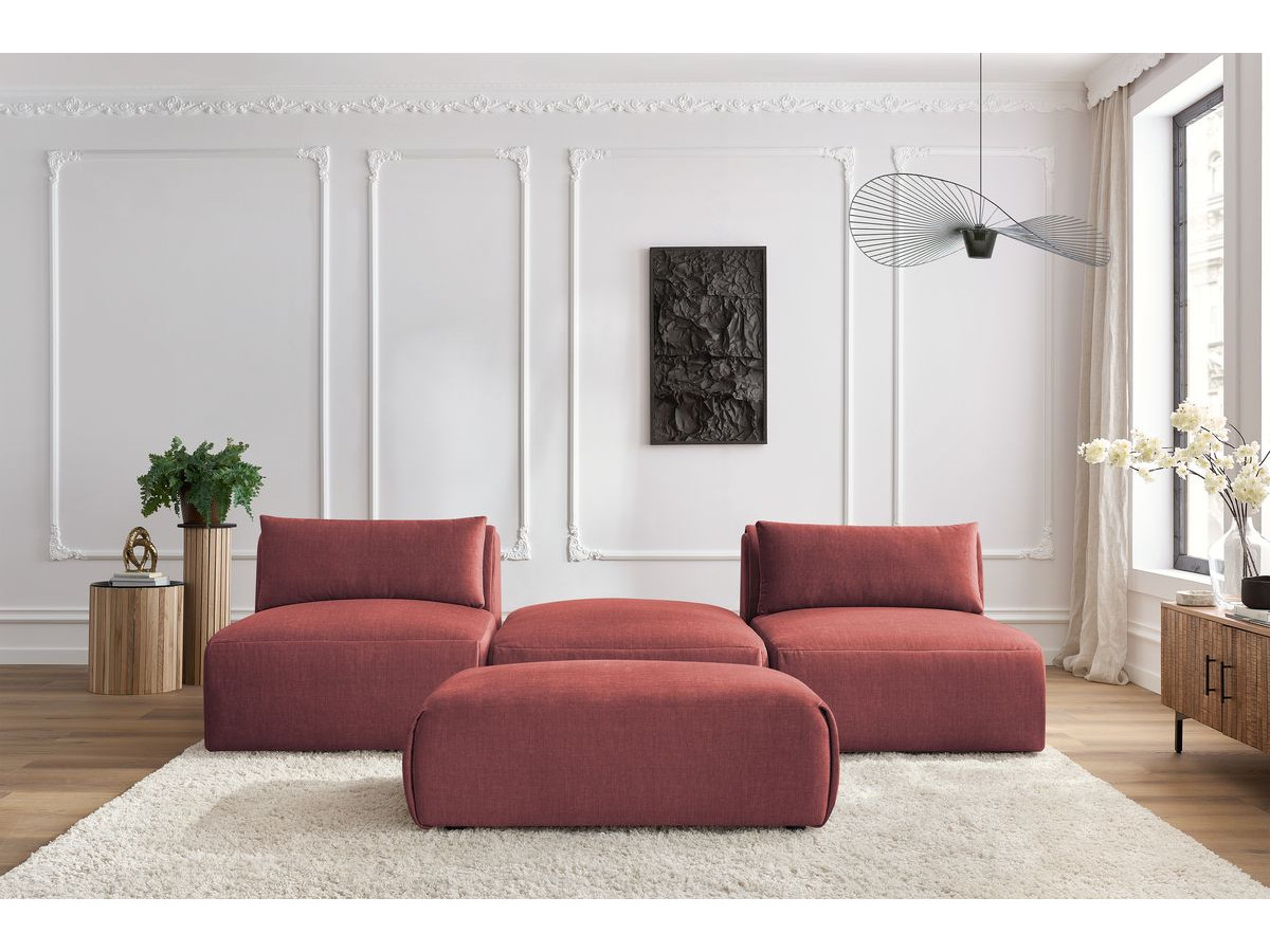 Canapé droit fixe 3 places JEANNE avec pouf tissu velours