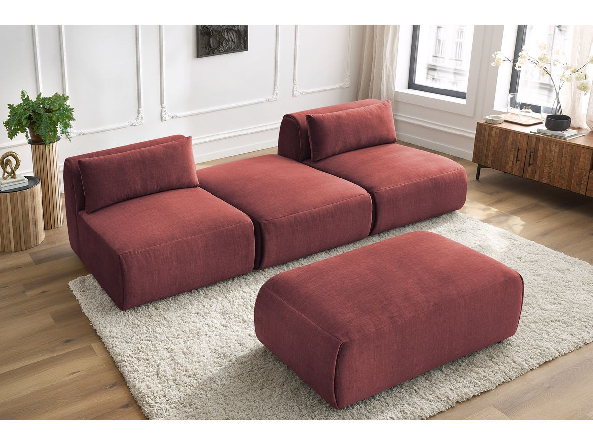 Canapé droit fixe 3 places JEANNE avec pouf tissu velours